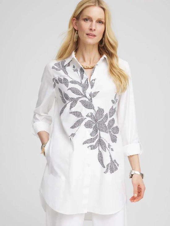 Chico's Tops - Chico's No Iron Pocketed, White and Black Leaf Print tunic Shirt 3(XL)